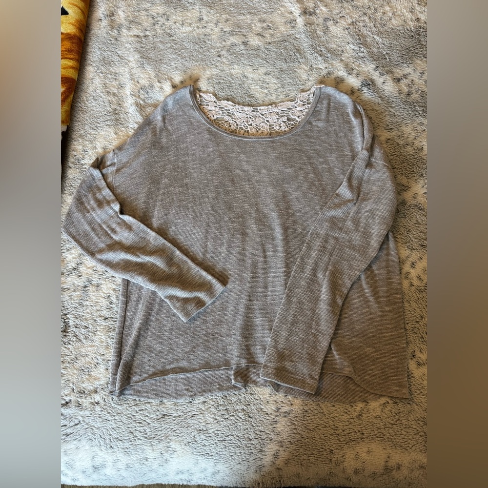 Gray Long Sleeve Top with Lace Detail